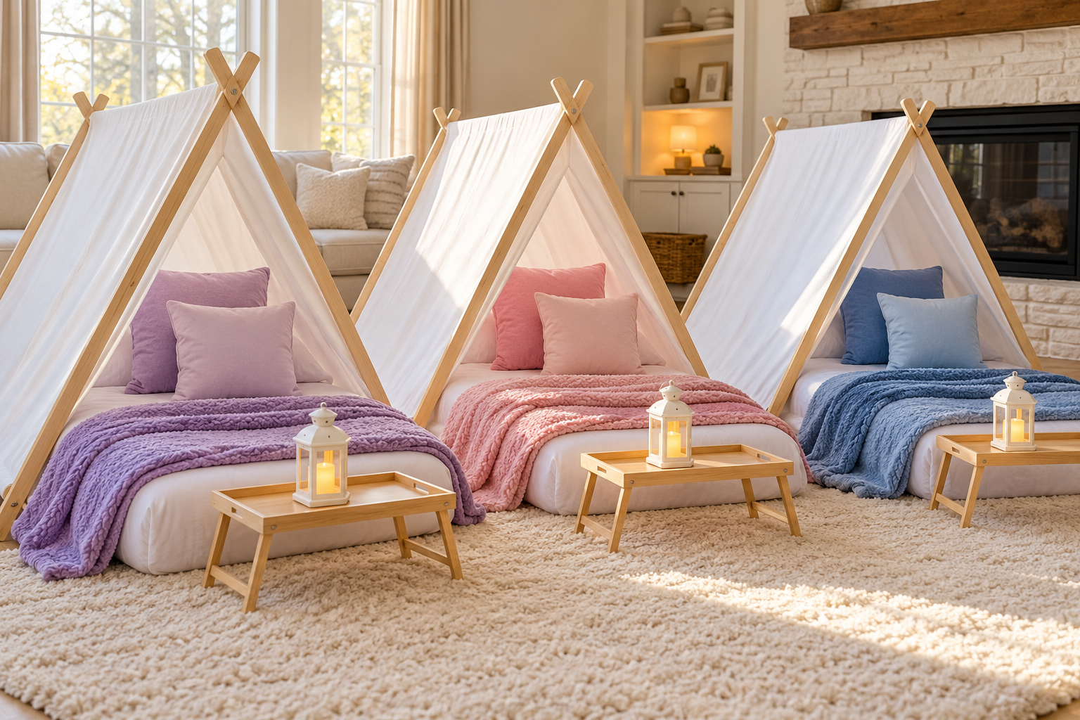 Illustrative slumber party setup with white tents, pink, purple and blue bedding, and tray lanterns